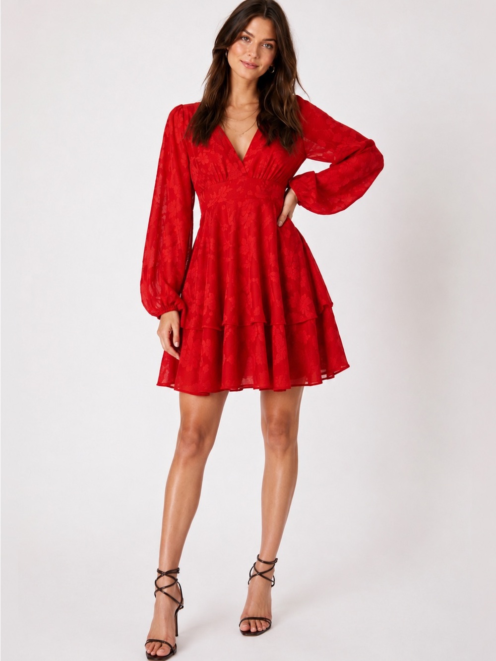 Lulus Flirty Moments Red Burnout Floral Balloon Sleeve Mini Dress M NWT